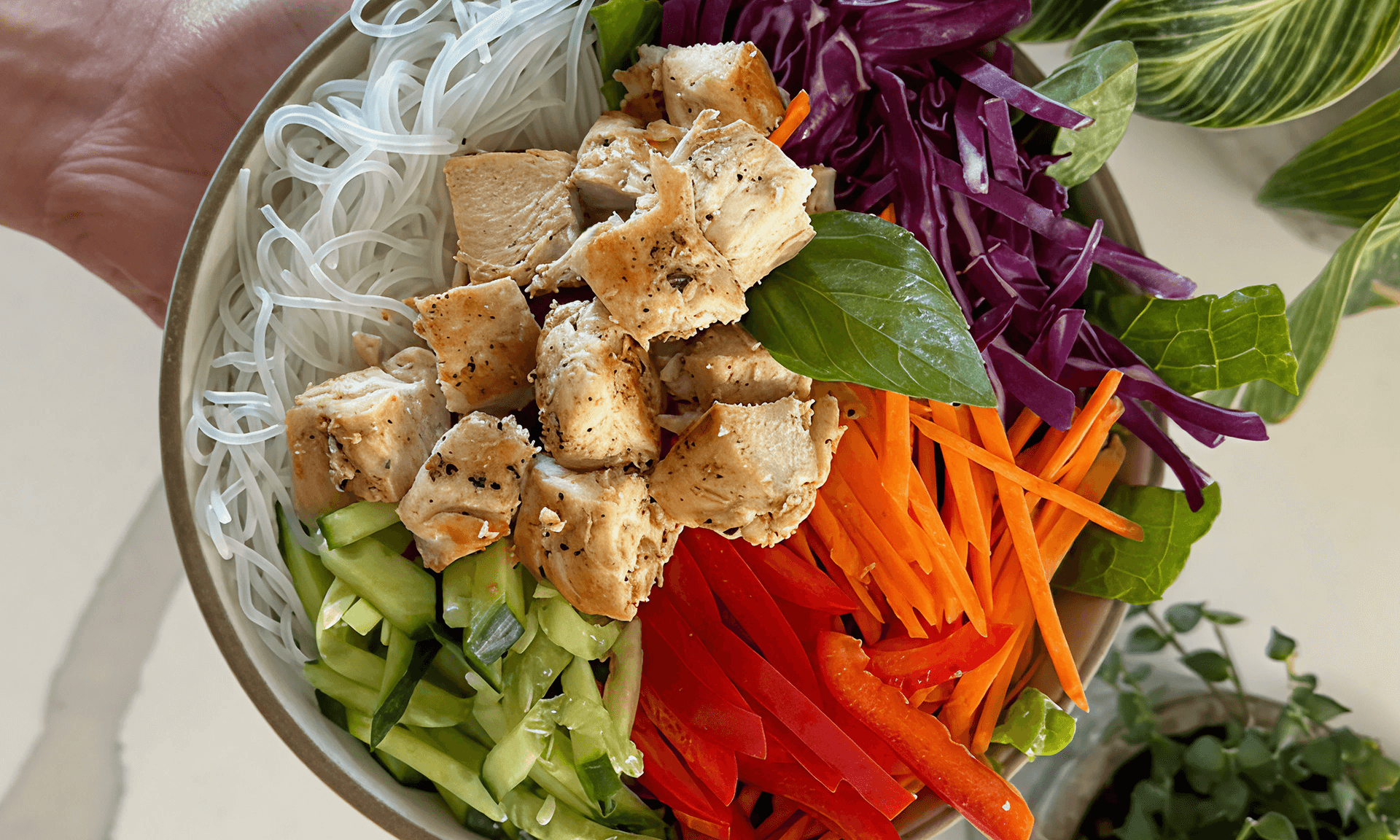 Image of chicken spring roll bowls with peanut sauce