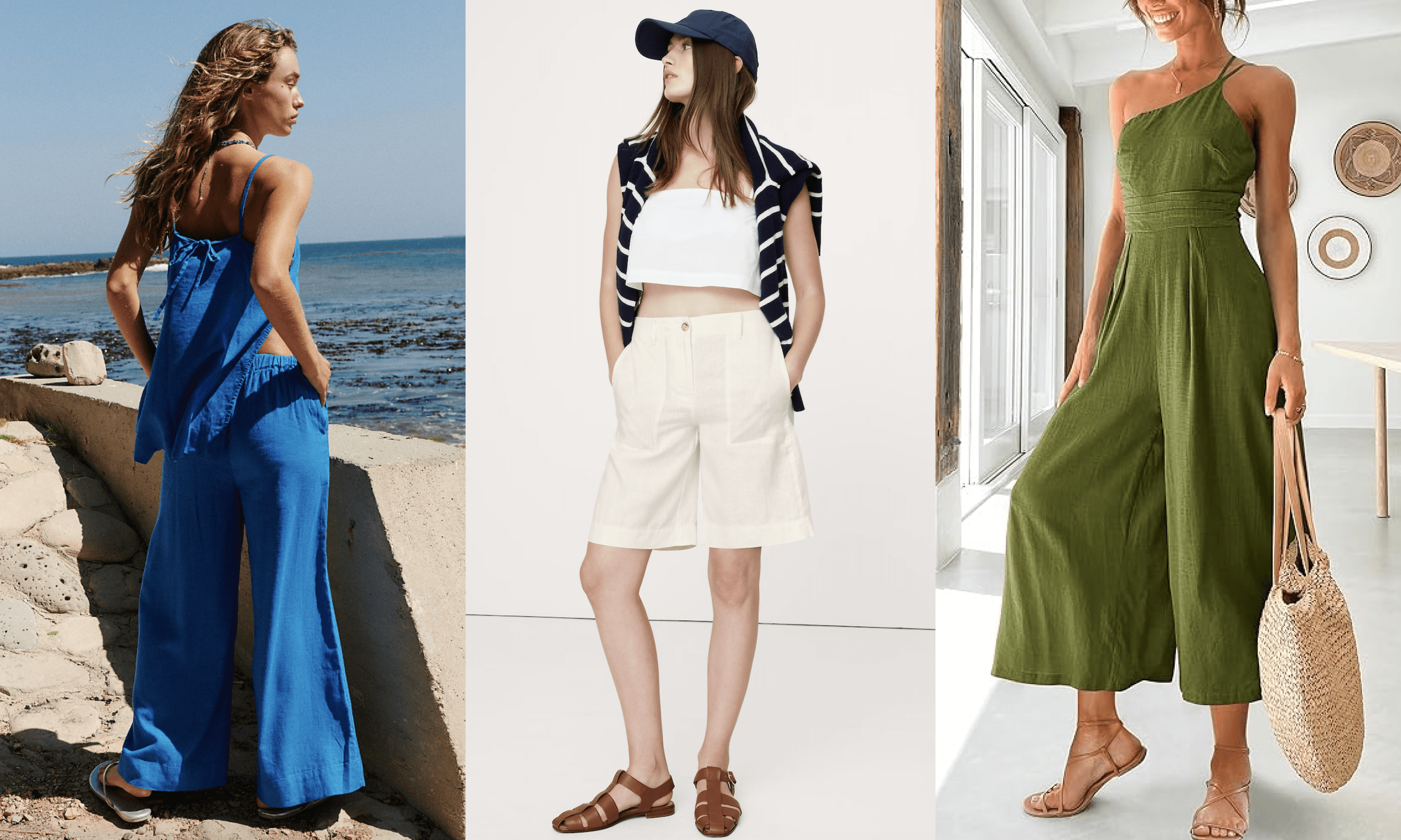 A collage of summer linen attire: matching set, bermuda shorts, and a romper.