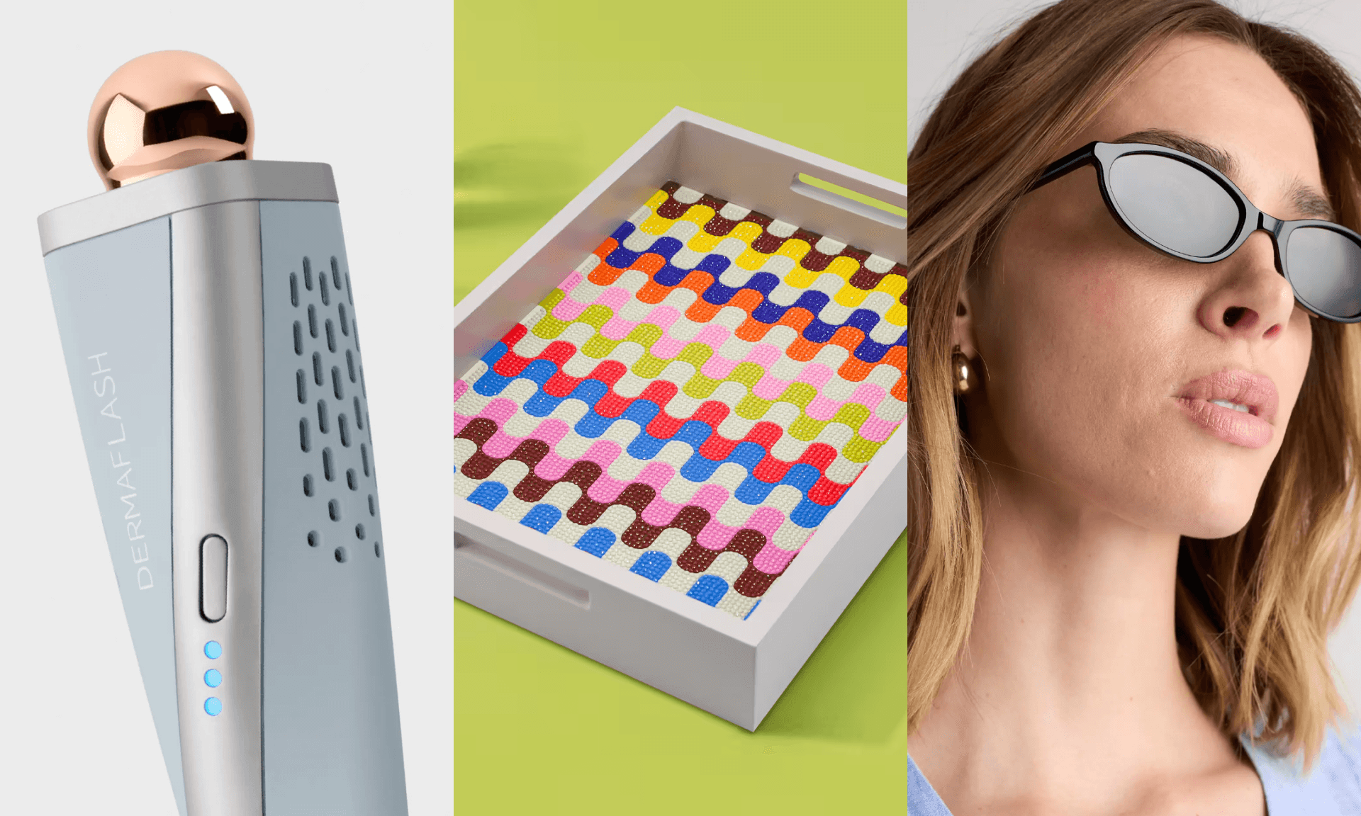 cooling facial too, decorative tray, sunglasses