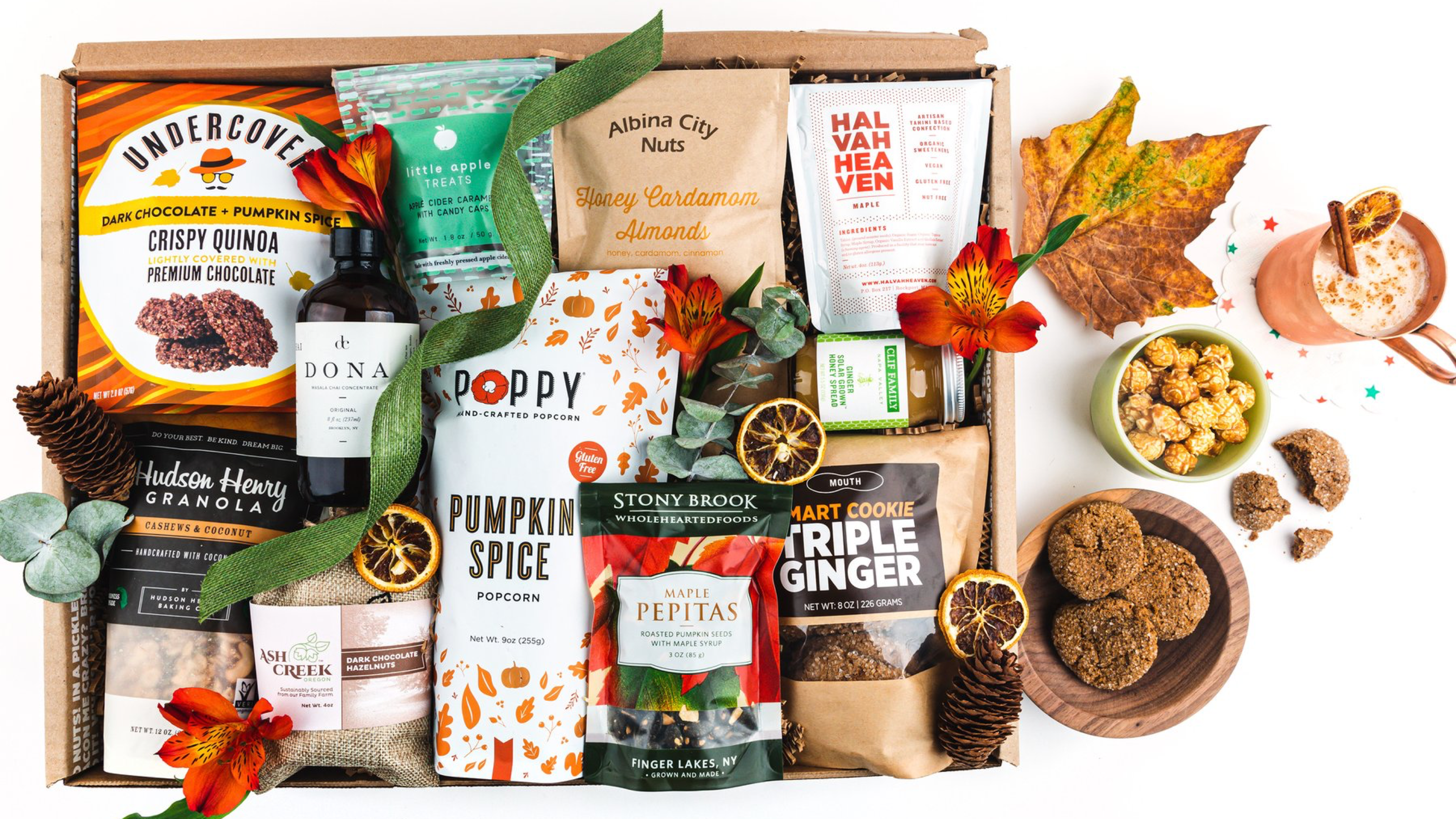 snack box filled with autumn-themed goodies