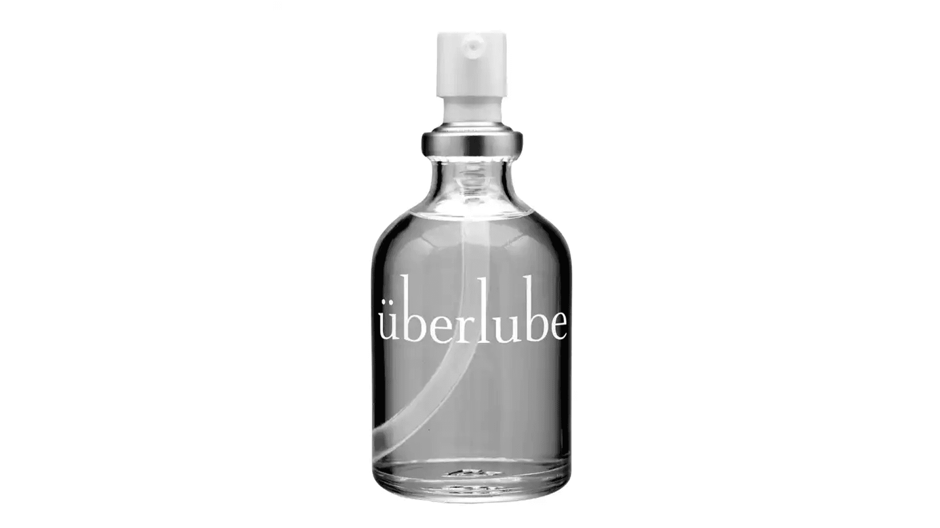 Gray-tinted translucent bottle with "Überlube" logo