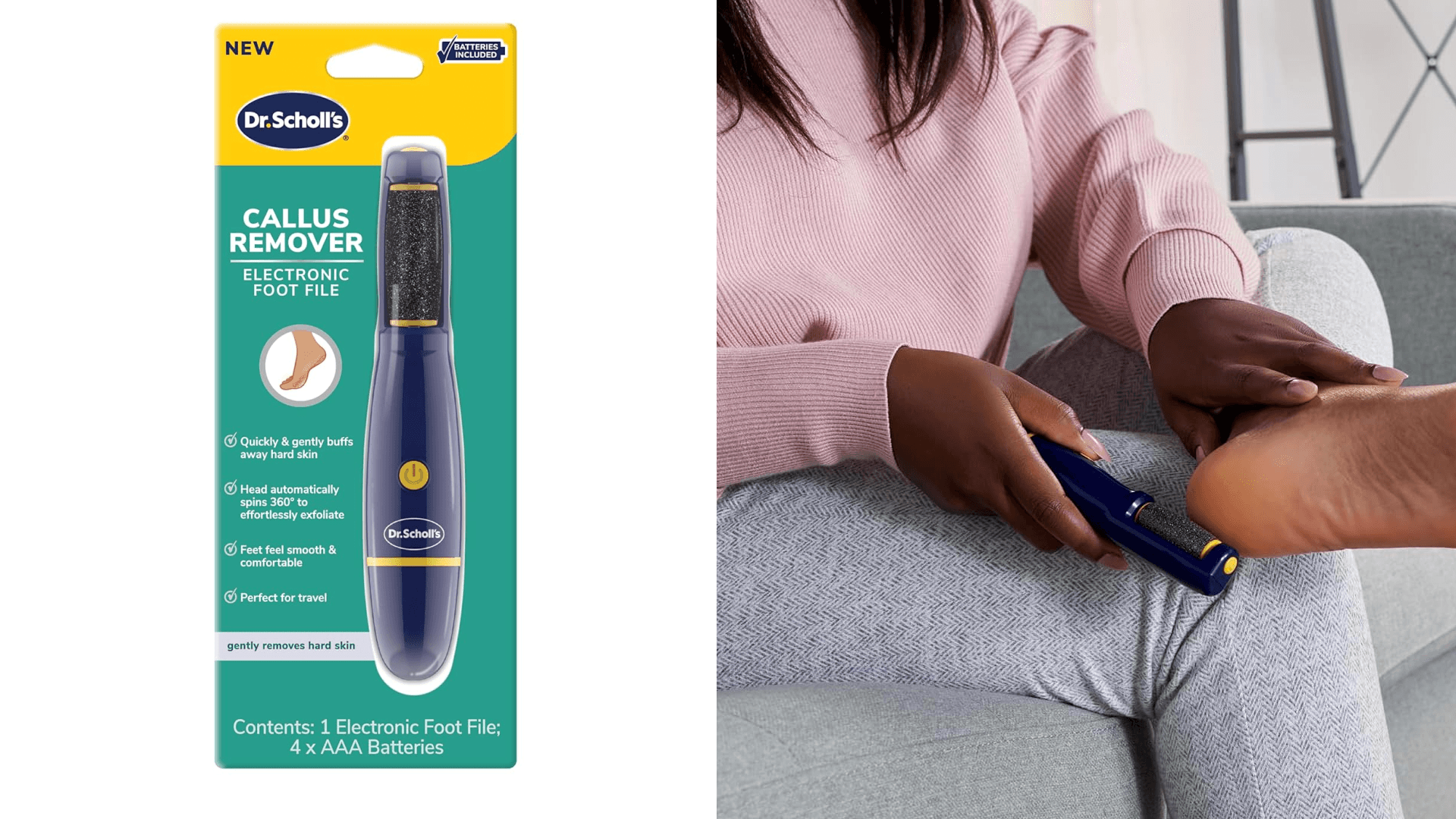 Dr. Scholl's Callus Remover Electronic Foot File, Electric Hard Skin Removal for Feet, Effortless Soft Smooth Skin in Minutes, Perfect for Travel, for Women & Men, AAA Batteries Included