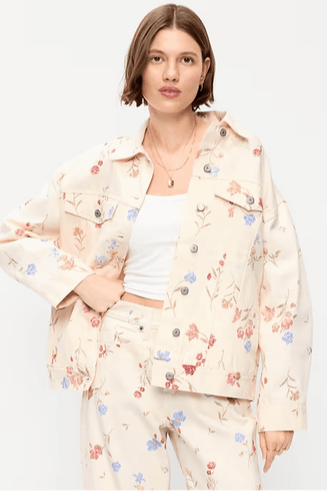 Oversized Floral Print Jean Trucker Jacket