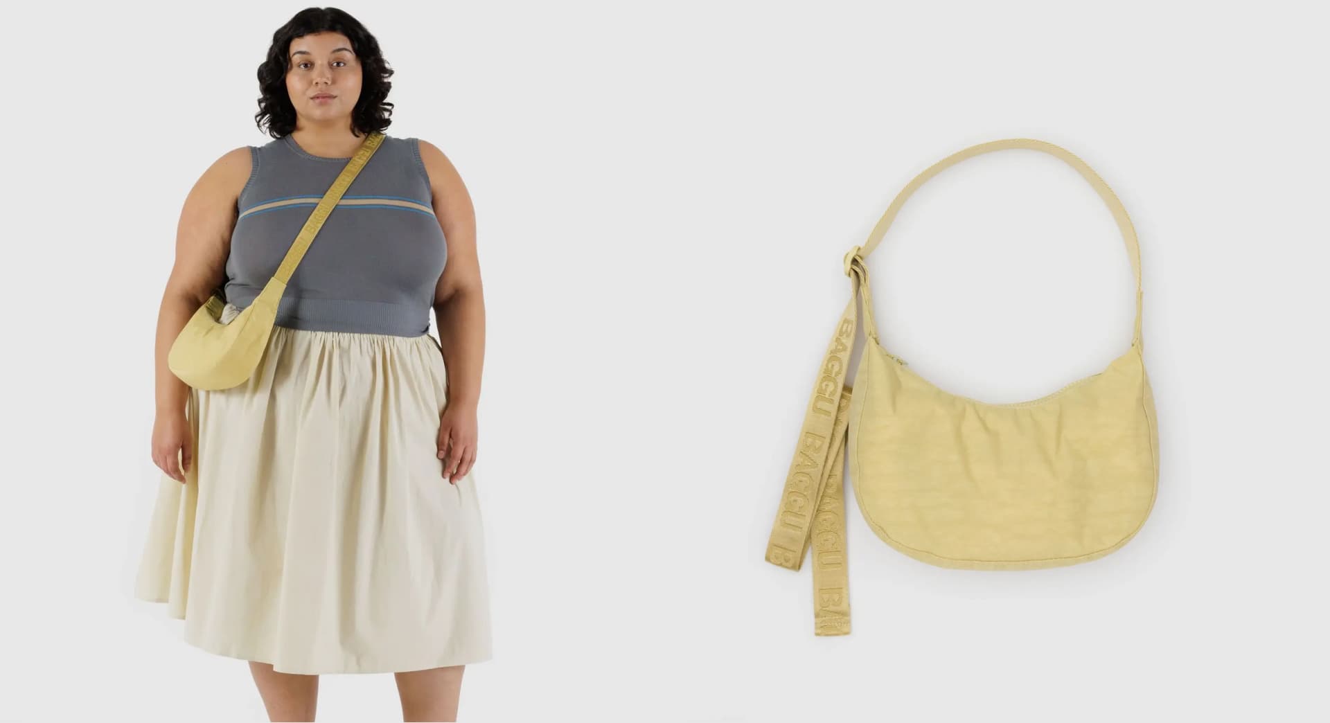 A butter yellow nylon crescent bag. 