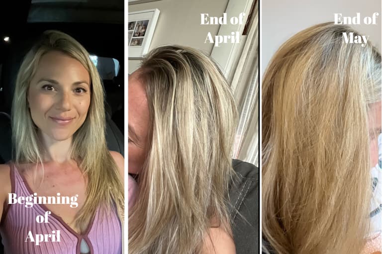 Woman with blonde hair showing progress of treatment from April to May