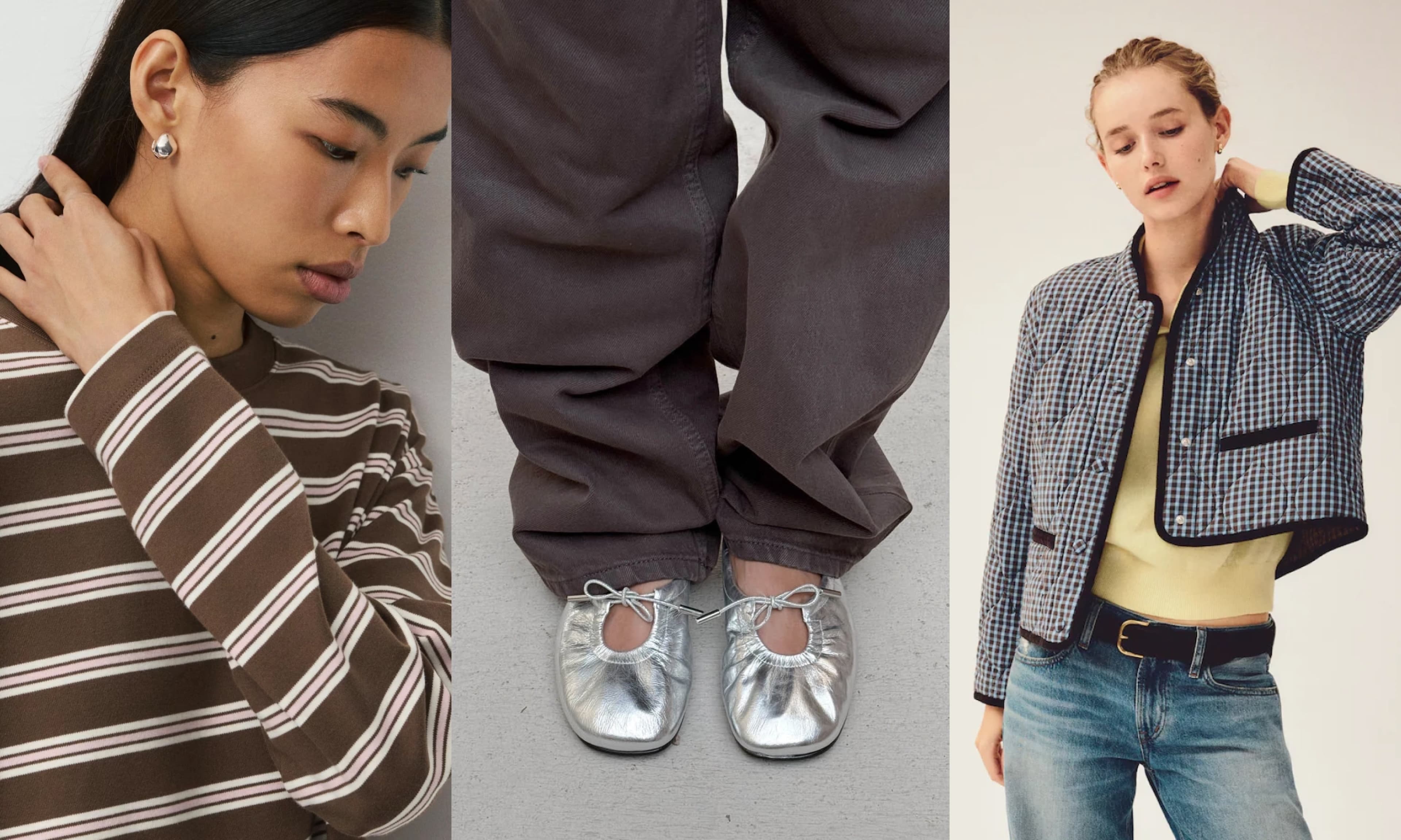 T-shirt, ballet flats, quilted jacket