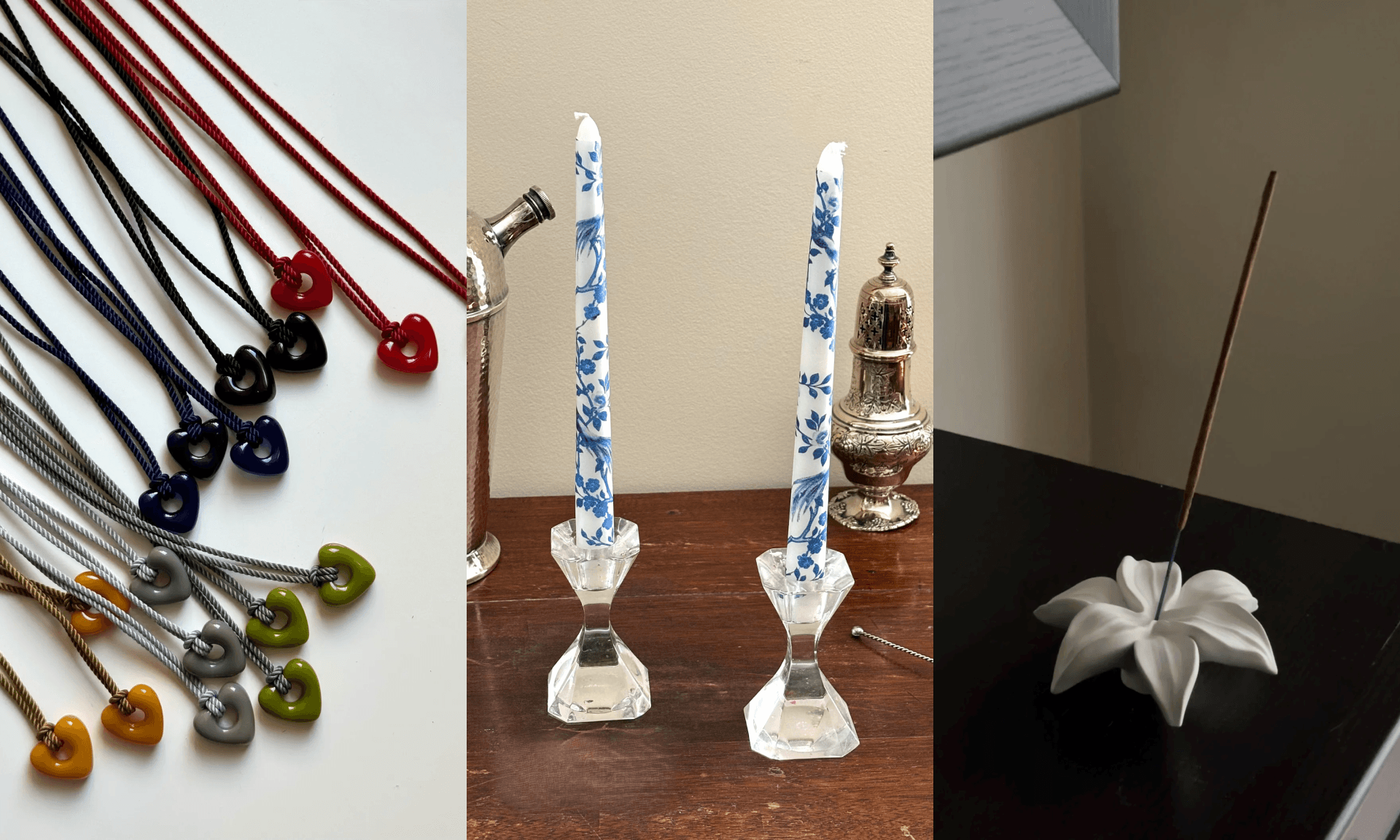 necklace, taper candles, incense holder