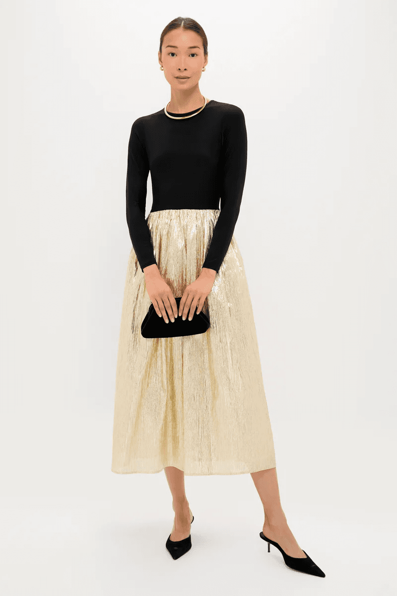 Gold Plisse & Black Mixed Media Schuyler Maxi Dress