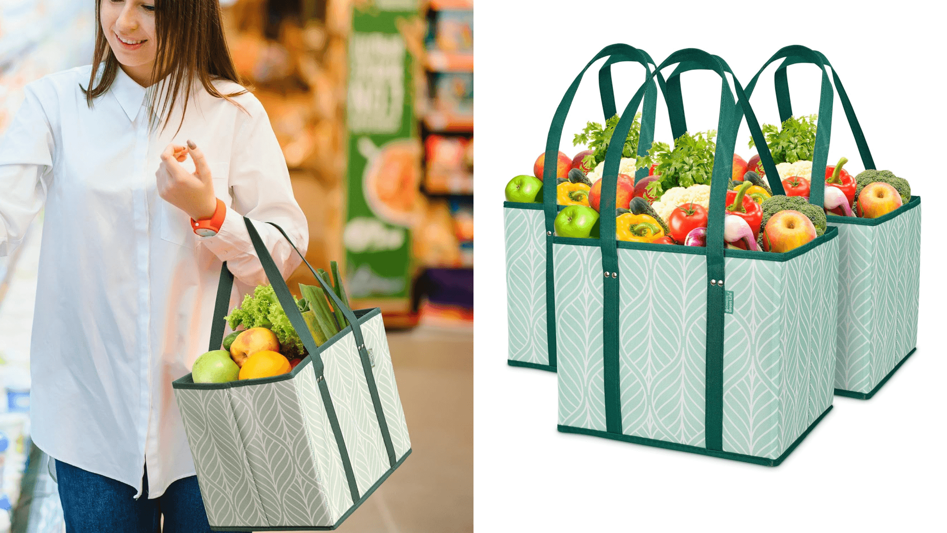 Reusable Grocery Bags (3 Pack) – Heavy Duty Reusable Shopping Bags for Groceries with Box Shape to Stand Up, Stay Open, Fold Flat – Large Tote-Bag is Foldable with Long Handles & Hard Bottom (Green)