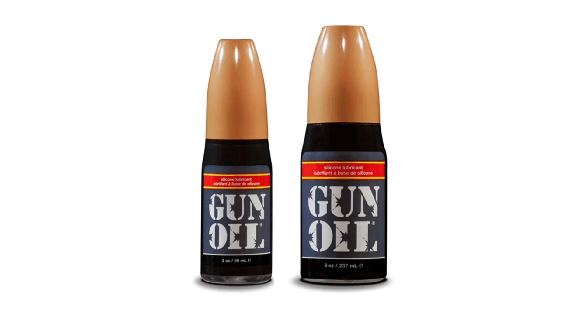 Two bottles in different sizes shaped like bullets with "Gun Oil" written on them