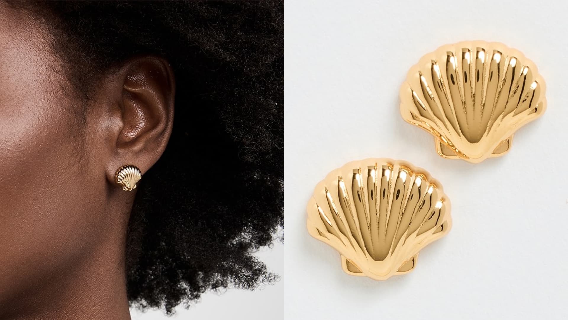 A pair of gold seashell-shaped earrings. 