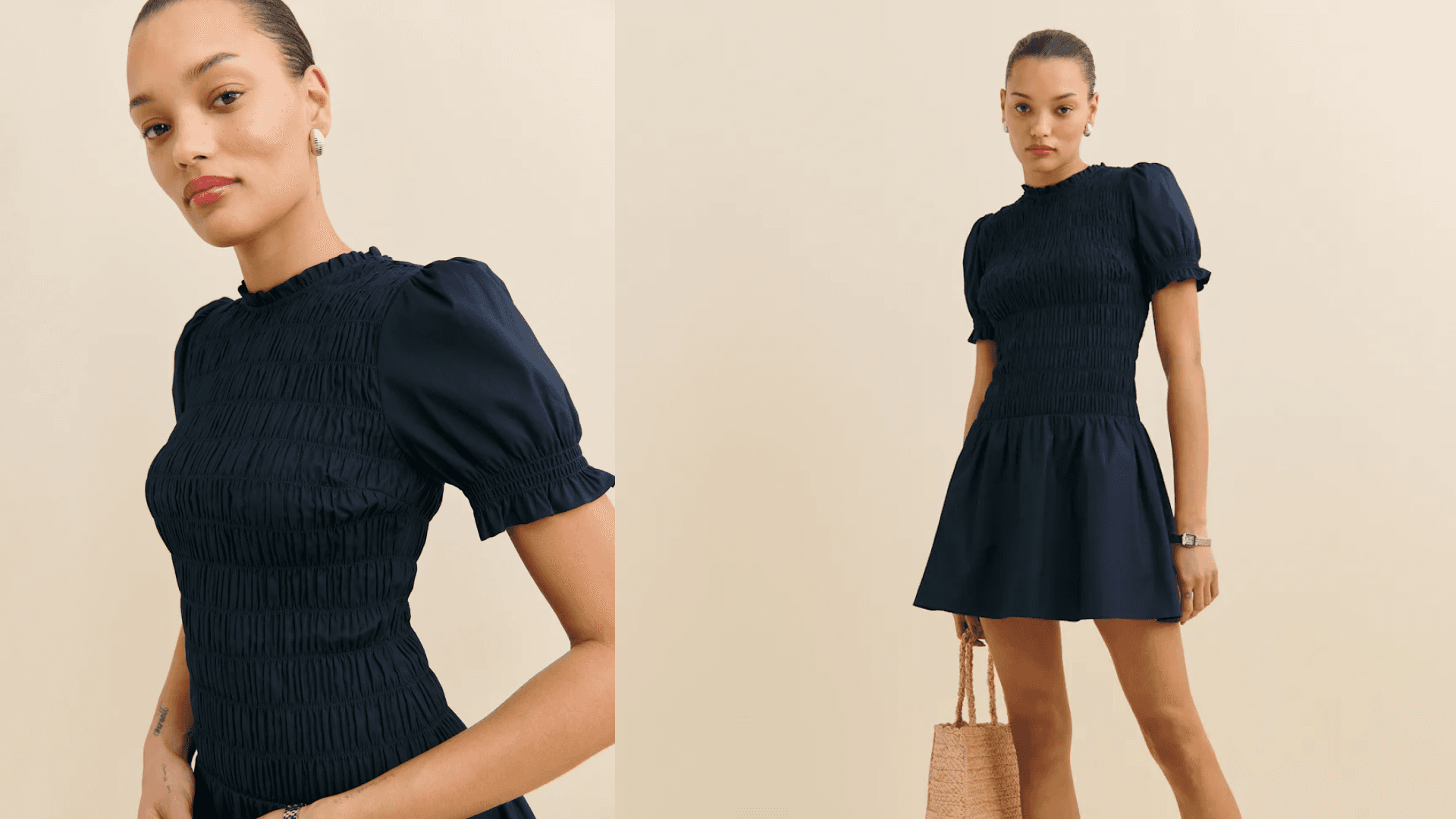 shirrred dress with puff sleeves