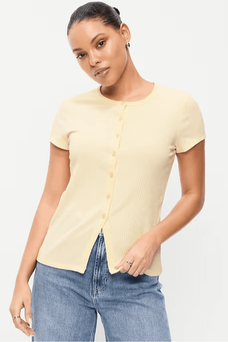 Short-Sleeve Ribbed Button-Down Top