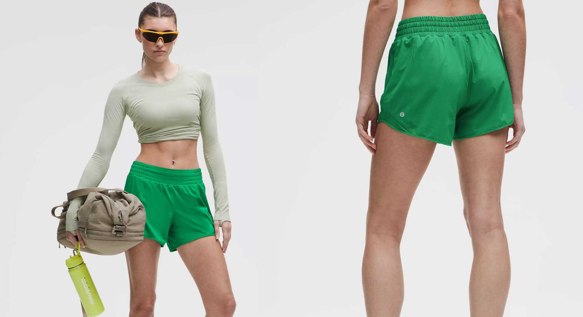 A pair of workout shorts with curved hems. 