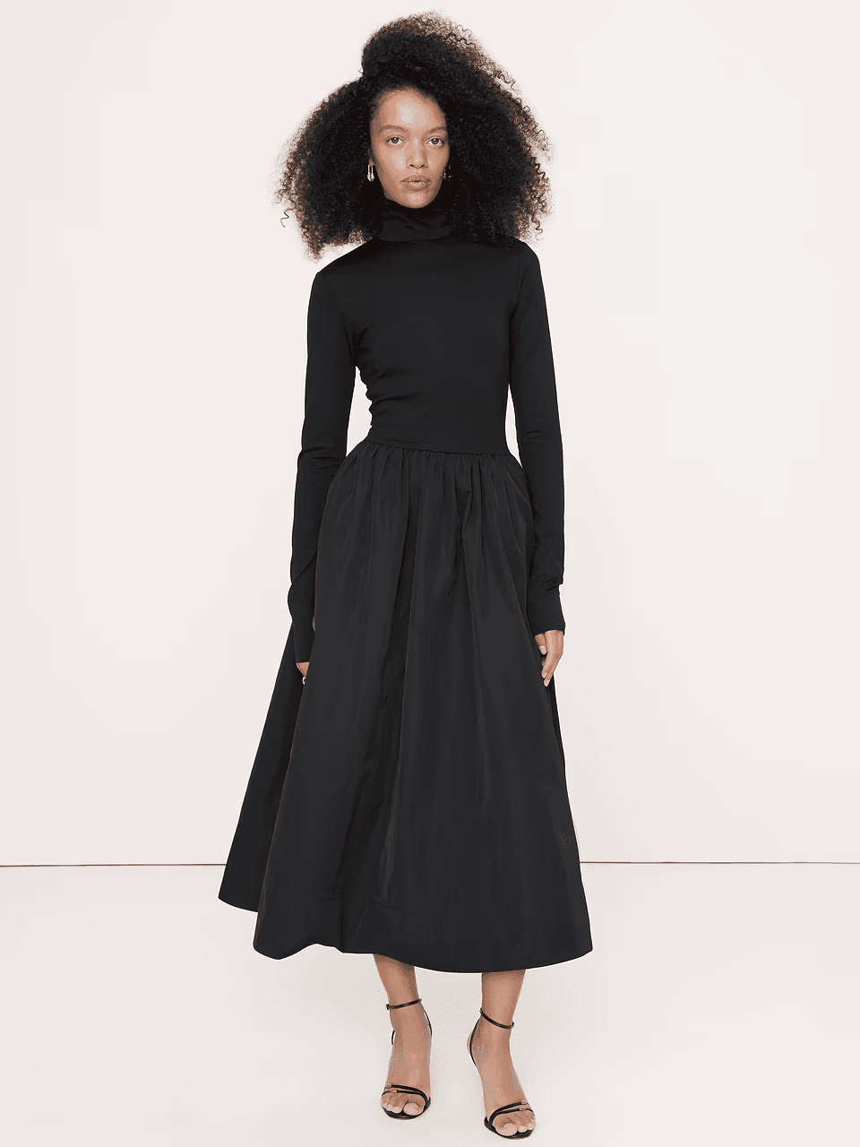 Jersey + Taffeta Turtleneck Maxi Dress