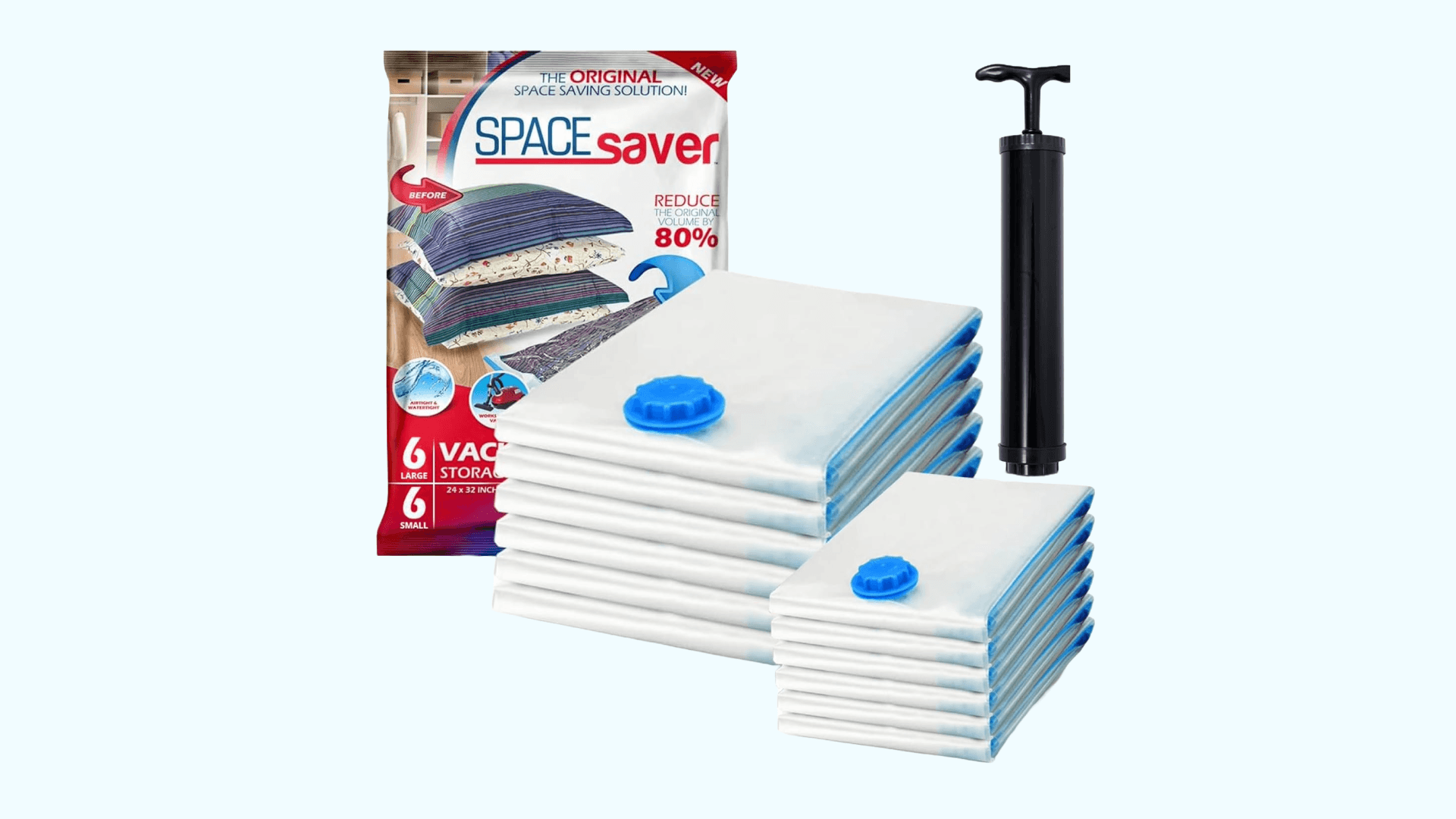 Spacesaver Vacuum Bags for Travel - 6 Small & 6 Large Space Saver Vacuum Storage Bags - Airtight Double-Zip Seal - Plastic - Fits 4 Pillows or 1 Queen Bedding Set per Bag - Clear - Hand Pump Included