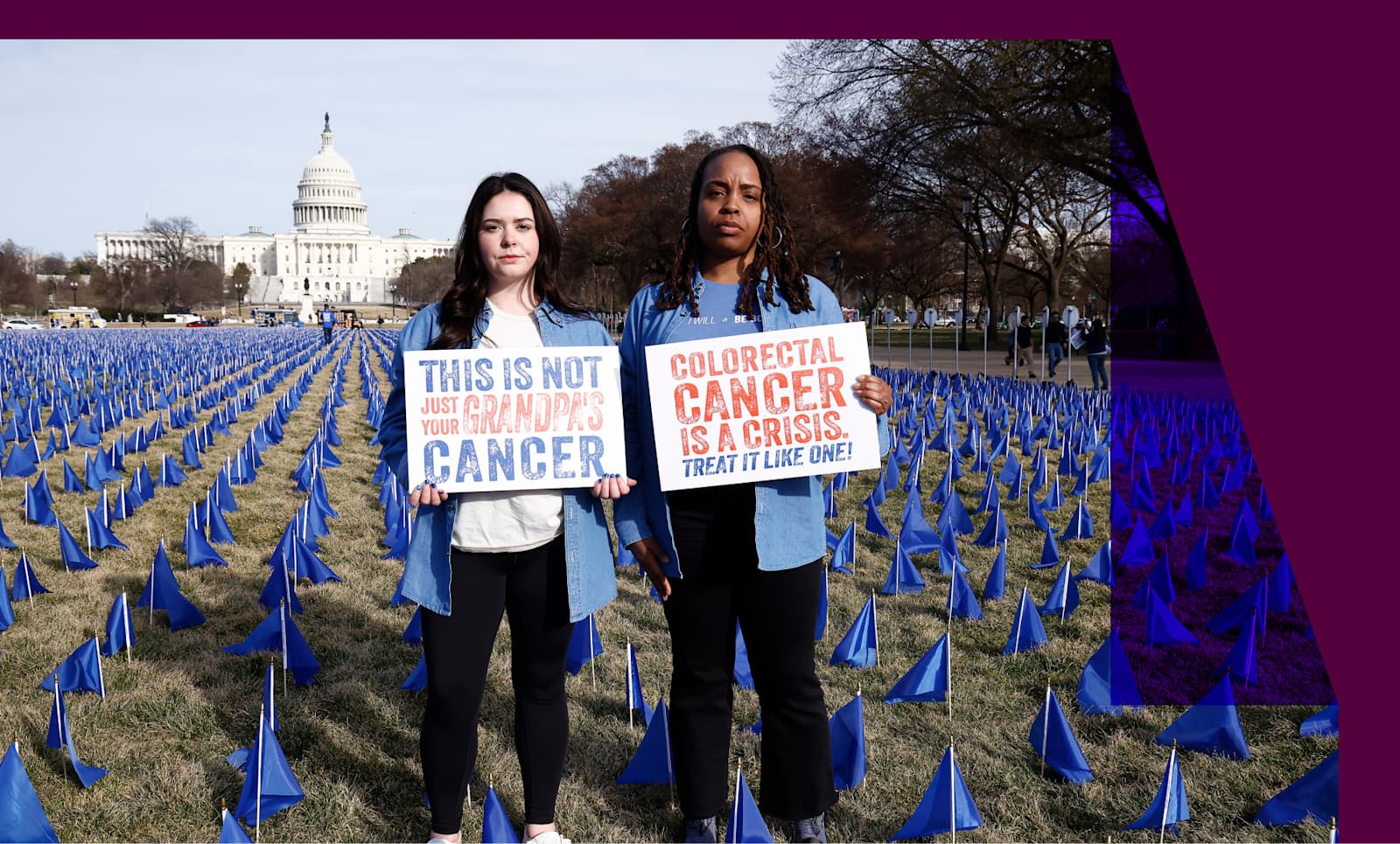 Cancer survivors visit the Fight Colorectal Cancer "United in Blue" flag installation on the National Mall to spotlight the rise in young adult Colorectal cancer cases on March 10, 2025 in Washington, DC. 