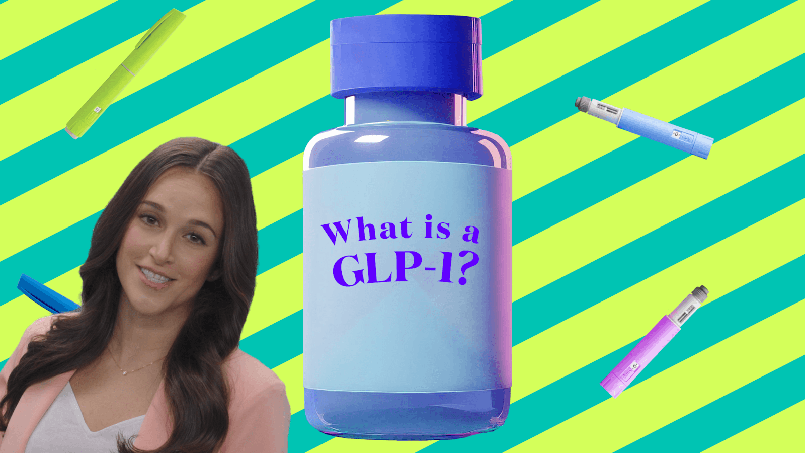 screengrab of GLP-1 explainer video with imagery of medication and a woman overlaid on a colorful background