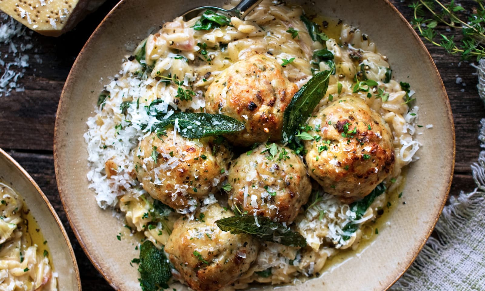 The Original Dish’s Baked Sage Chicken Meatballs with Parmesan Orzo