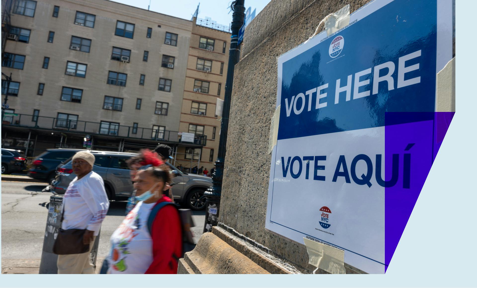 A sign directs people to the voting site at Bronx County Supreme Court House during the Democratic primary on June 25, 2024 in New York City