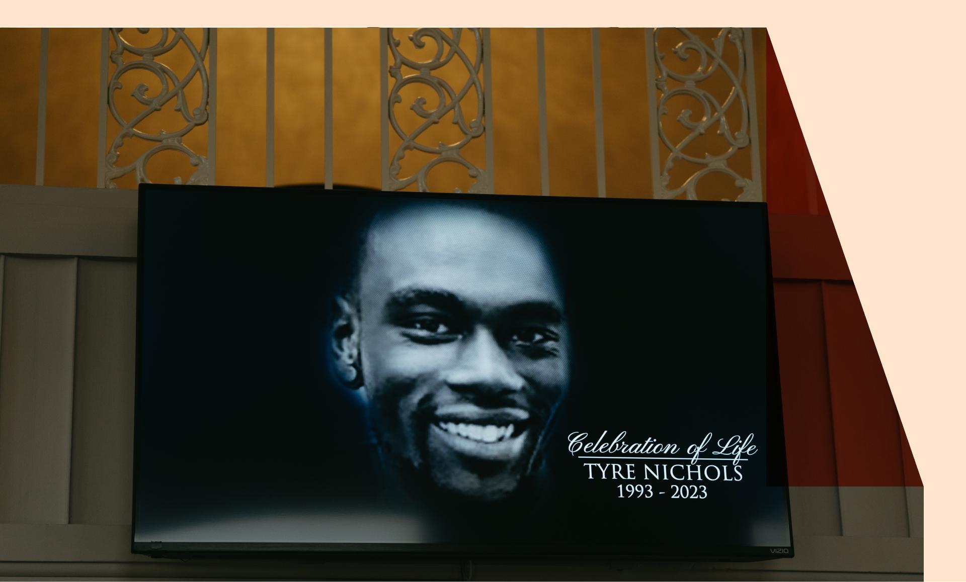 A screen at the entrance of Mississippi Boulevard Christian Church displays the celebration of life for Tyre Nichols 