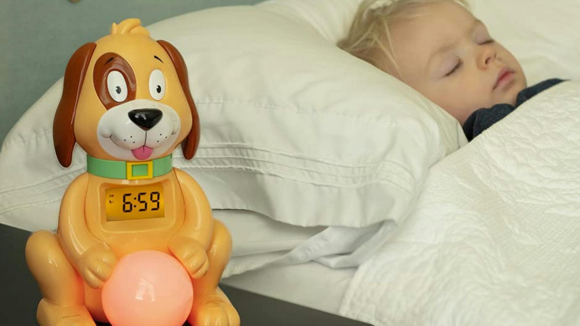 dog shaped wake light for kids with a clock