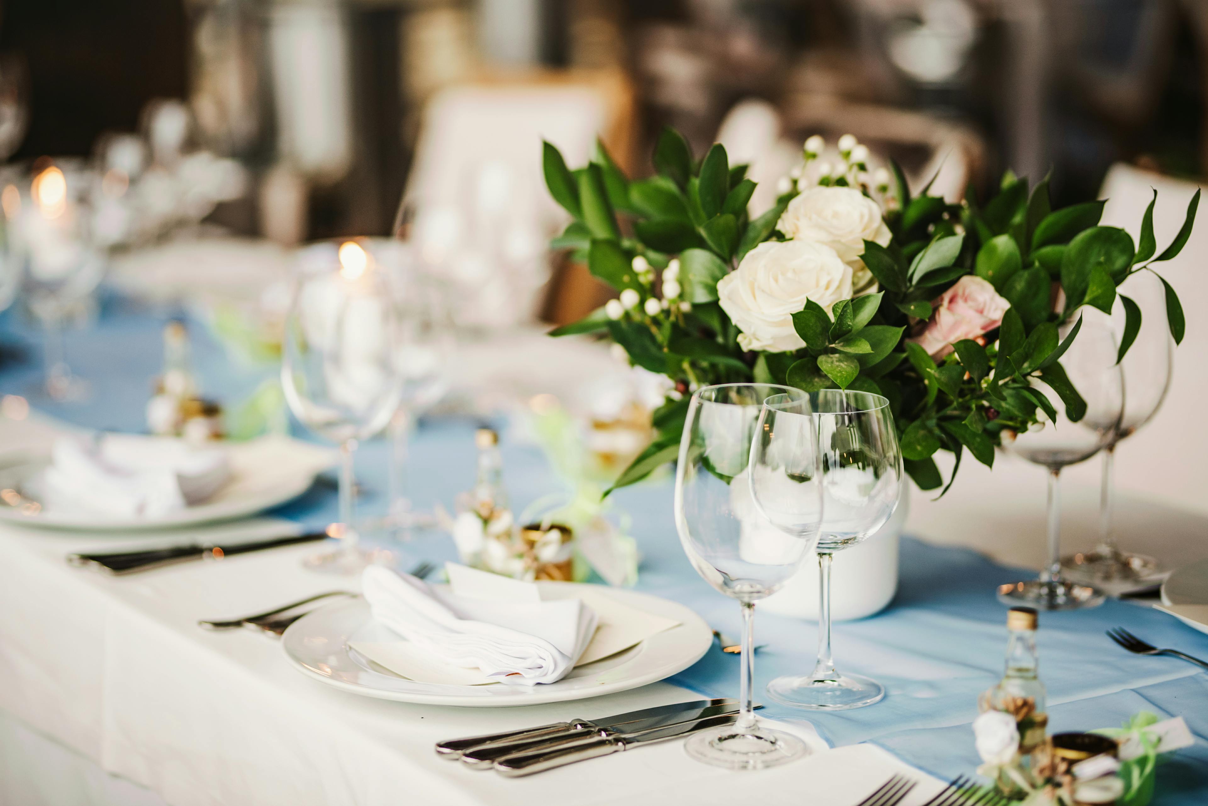 Fresh flowers wedding decoration. Table set up. - stock photo