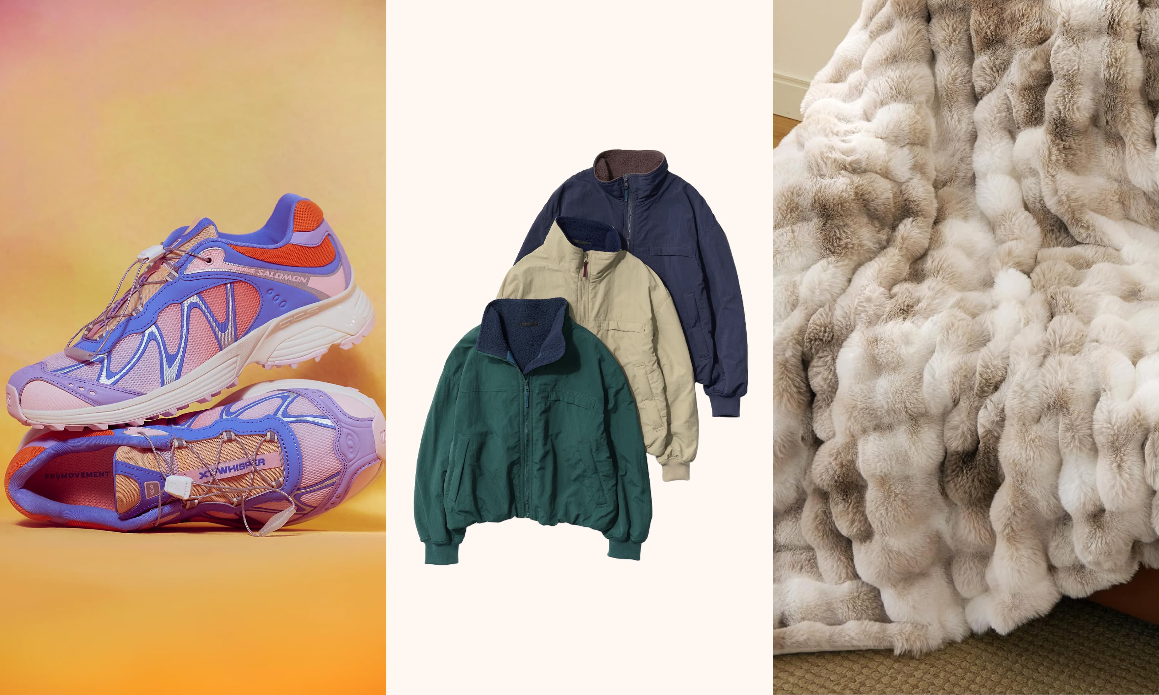 sneakers, fleece jacket, throw blanket