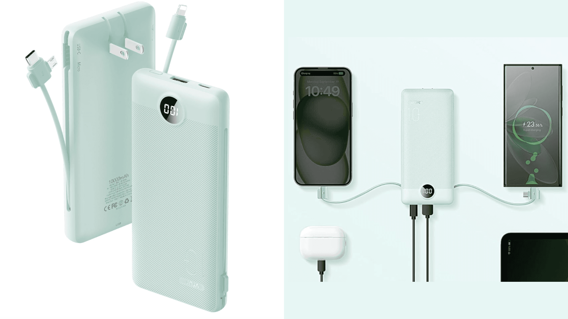 VRURC Portable Charger Built-in Cables and AC Wall Plug, USB C Power Bank 10000mAh, Travel Battery Portable Phone Charger Compact Lightweight External Battery Pack for Smart Phones, Tablets etc-Green