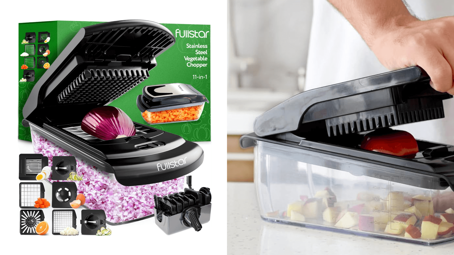 Fullstar Vegetable Chopper, Food Chopper, Veggie Chopper, Onion Chopper, Vegetable Chopper with Container (11 in 1 - Black/Stainless Steel)