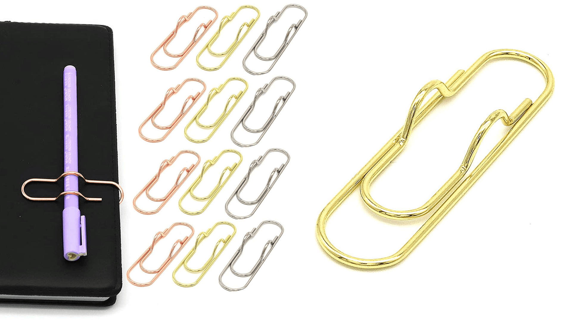 NELJIBEHU Metal Pen Clips in Gold/Silver/Rose Gold - Pack of 12 Paperclip Pen Holders for Notebooks and Papers, Metal Pen Clip Holder and Pen Holder Clip Included