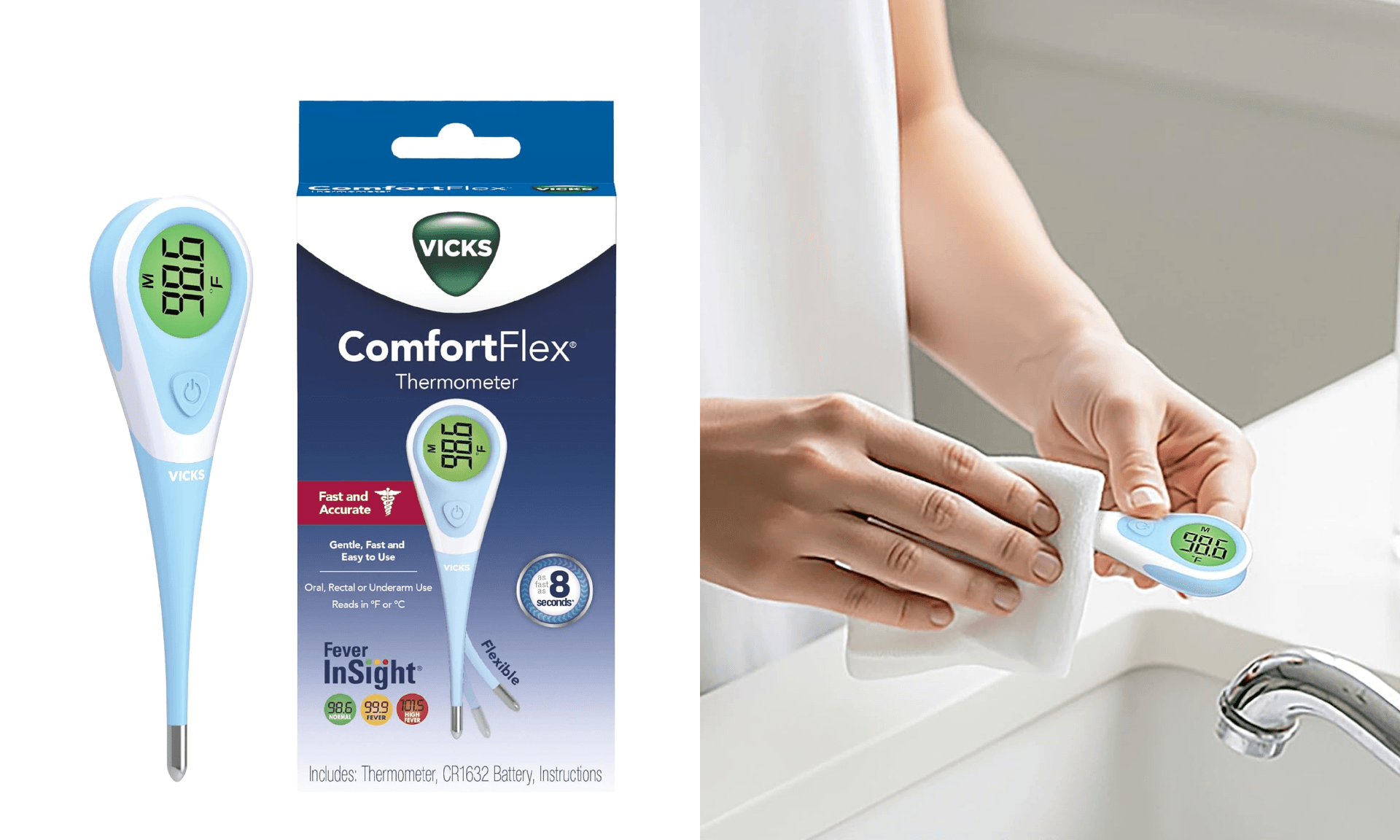 Vicks ComfortFlex Digital Thermometer: Accurate Color-Coded Reading in 8 Seconds, Digital Thermometer for Adults & Children, Oral, Rectal, or Under Arm Use