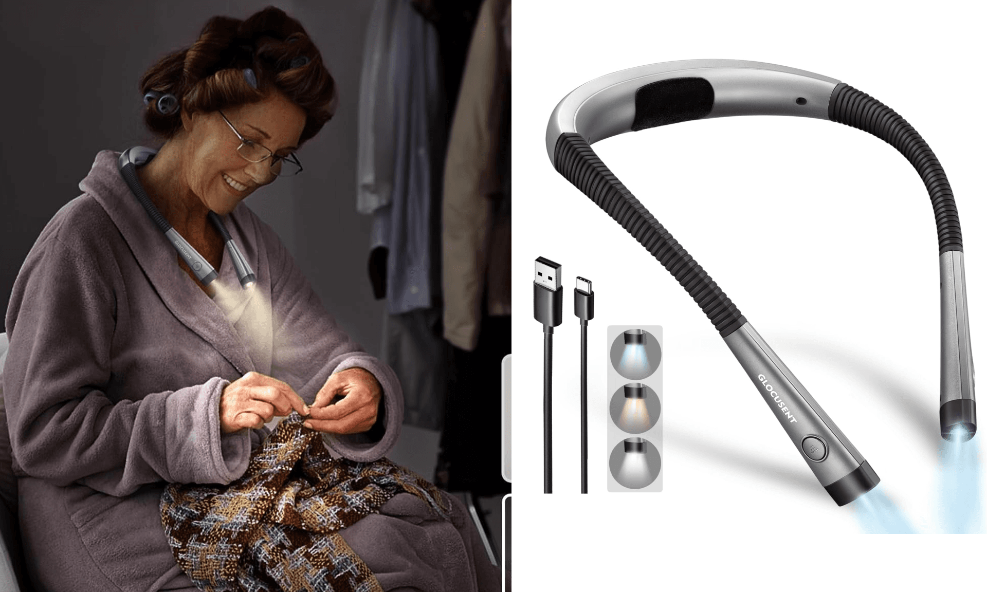 Glocusent Book Light, 3-Color & 6-Brightness Reading Light, Bendable Neck Light, 80-hr Lasting Rechargeable Lamp, Perfect Book Light for Reading in Bed, Knitting, Camping, Repairing, Book Lovers Gifts