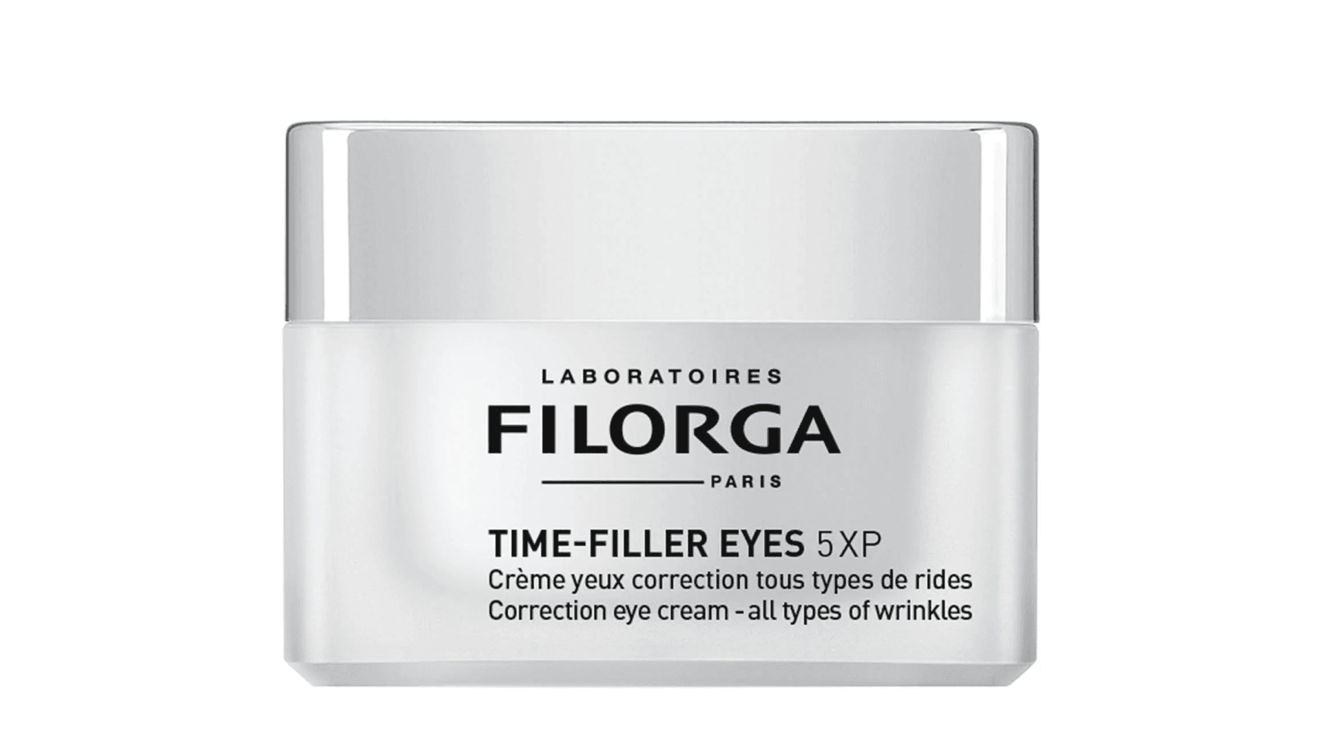 White opaque jar of eye cream with metallic lid