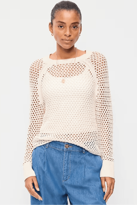 Seaside Cotton Open-Knit Raglan Sweater