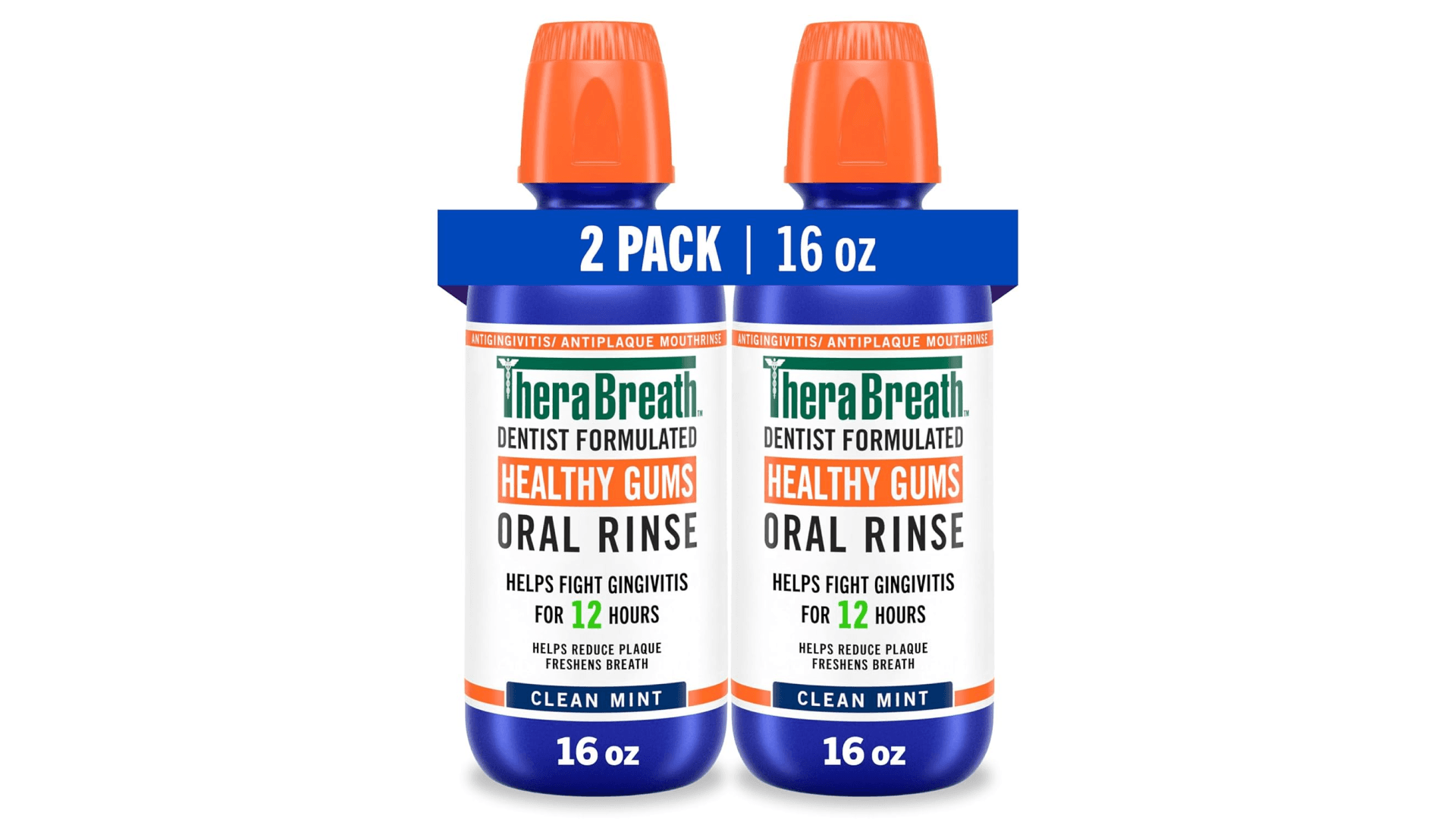 Two bottles of blue mouthwash in blue bottle with orange cap