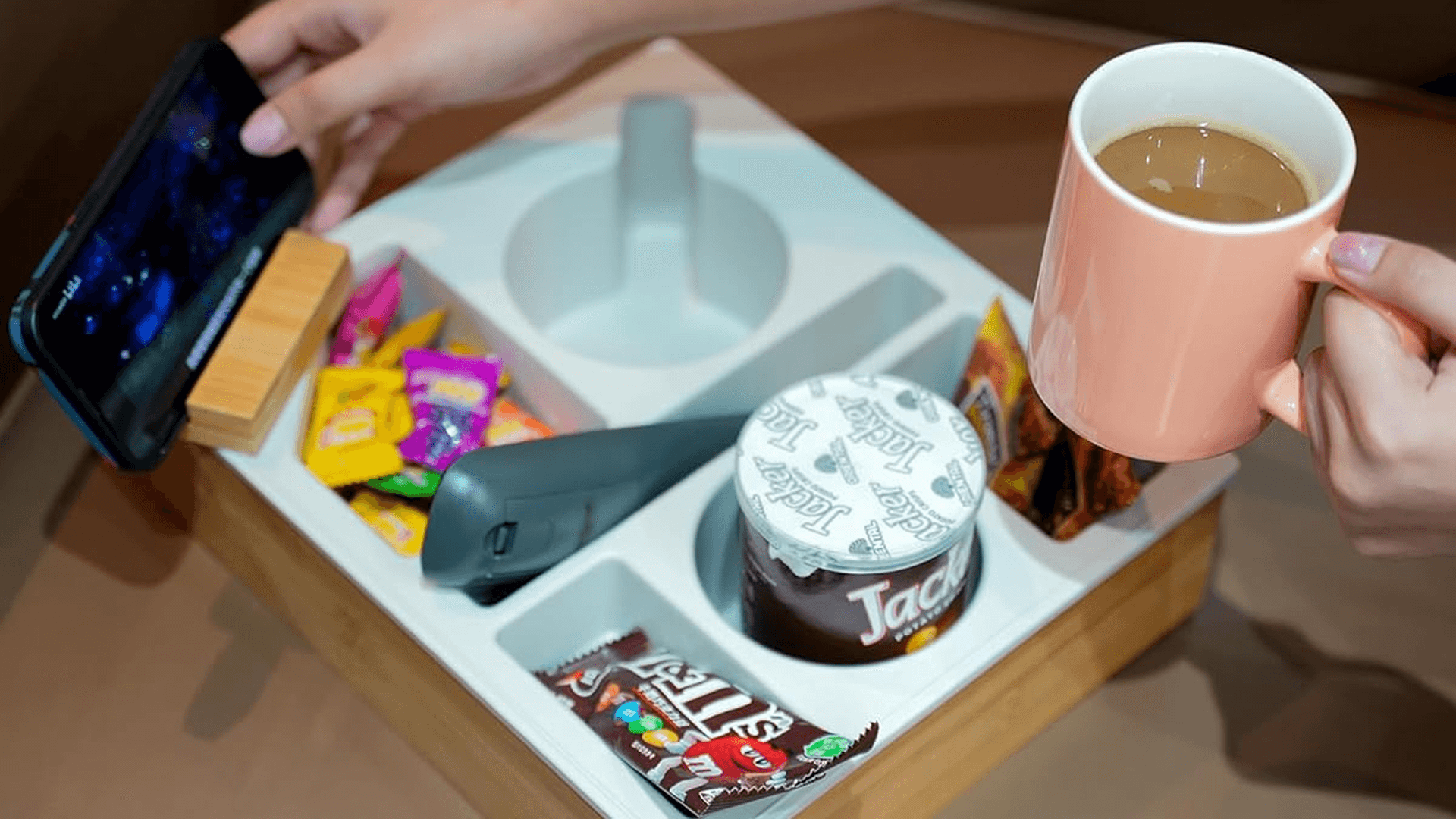 Hitseon Couch Cup Holder Tray, Handy Silicone Bamboo Couch Caddy with Rotatable Phone Holder for Bed Car Seat Organizer, Waterproof Anti-spill Sofa Cup Holder for Snacks Beverage Remote (Gray)