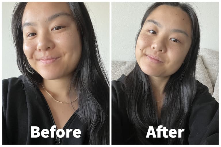 Asian woman showing before and after of Jones Road face powder