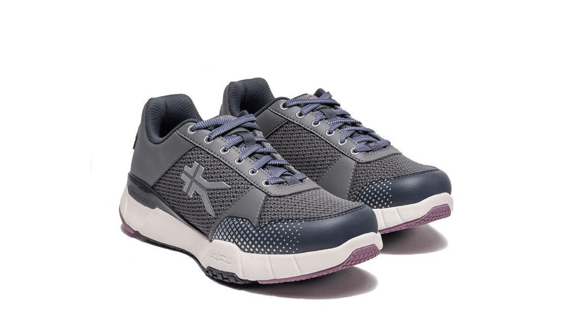 Gray sneakers with white sole and purple accents