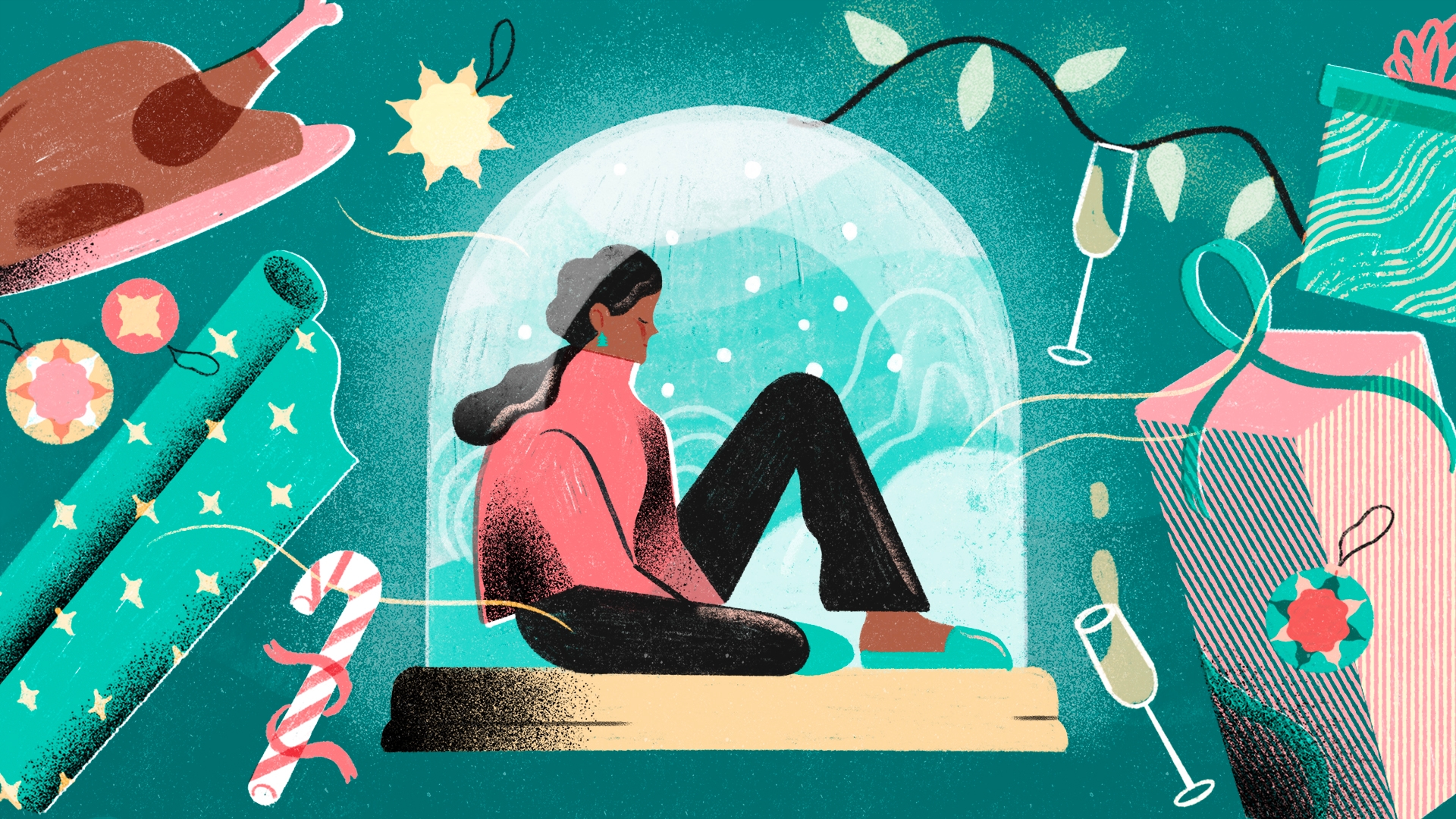 Girl sitting in snow globe