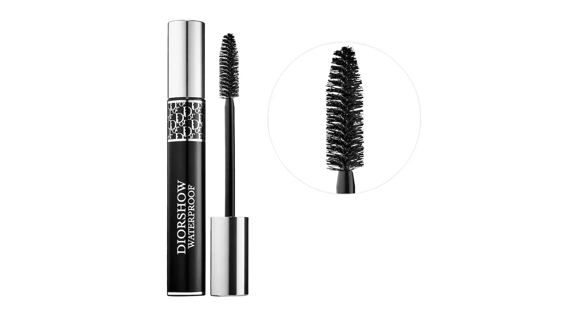 Black and silver tube of mascara with close up of wand