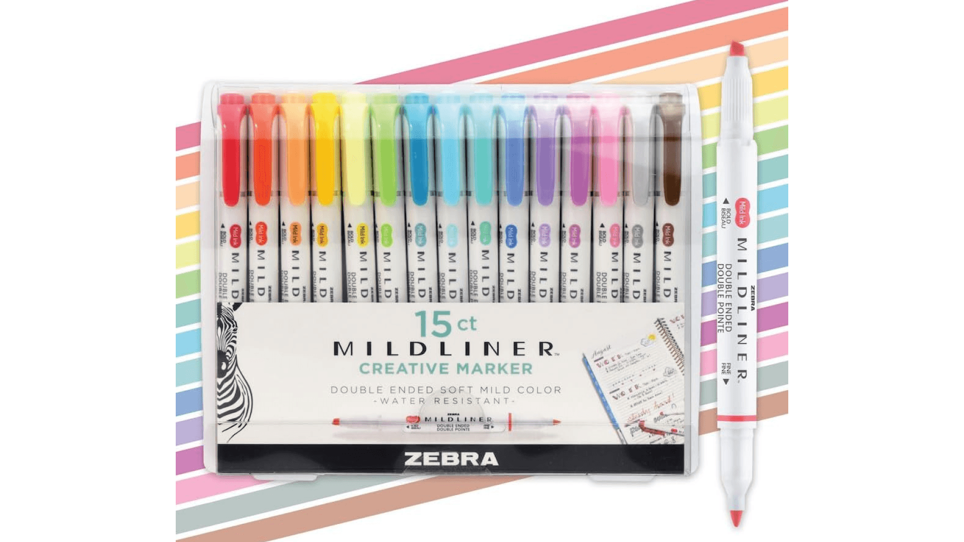 Zebra Pen Mildliner Dual-Tip Highlighter Marker Set, Broad and Fine Point Tips, No Bleed, Ideal for Bible Highlighting, Journaling, School and Office Supplies, Assorted Ink Colors, 15-Pack (78115)