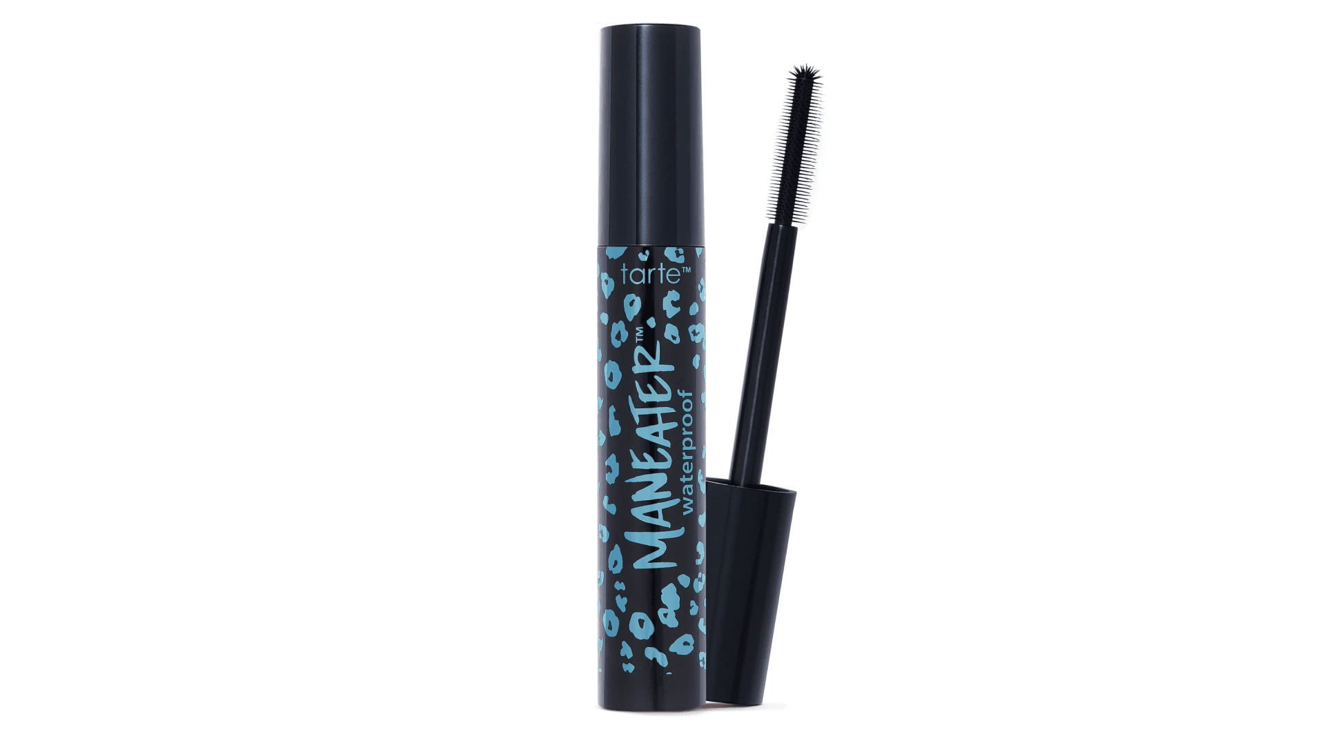 Black tube of mascara with metallic blue cheetah print and logo