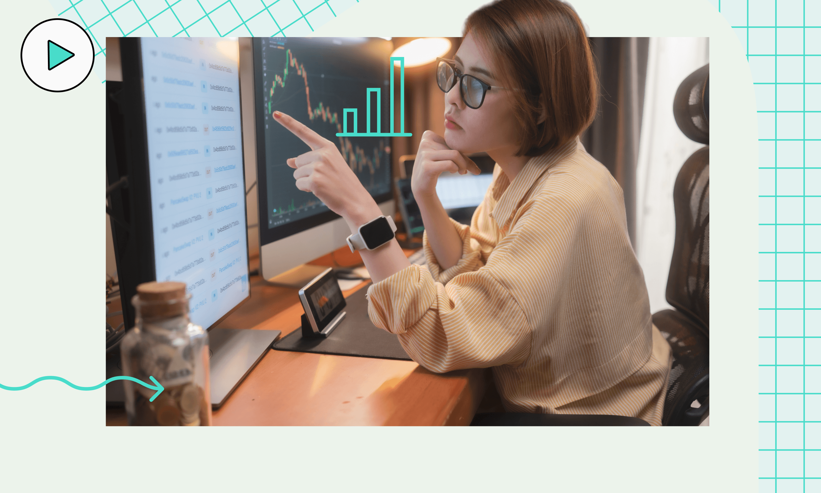woman at desk looking at graph on screen