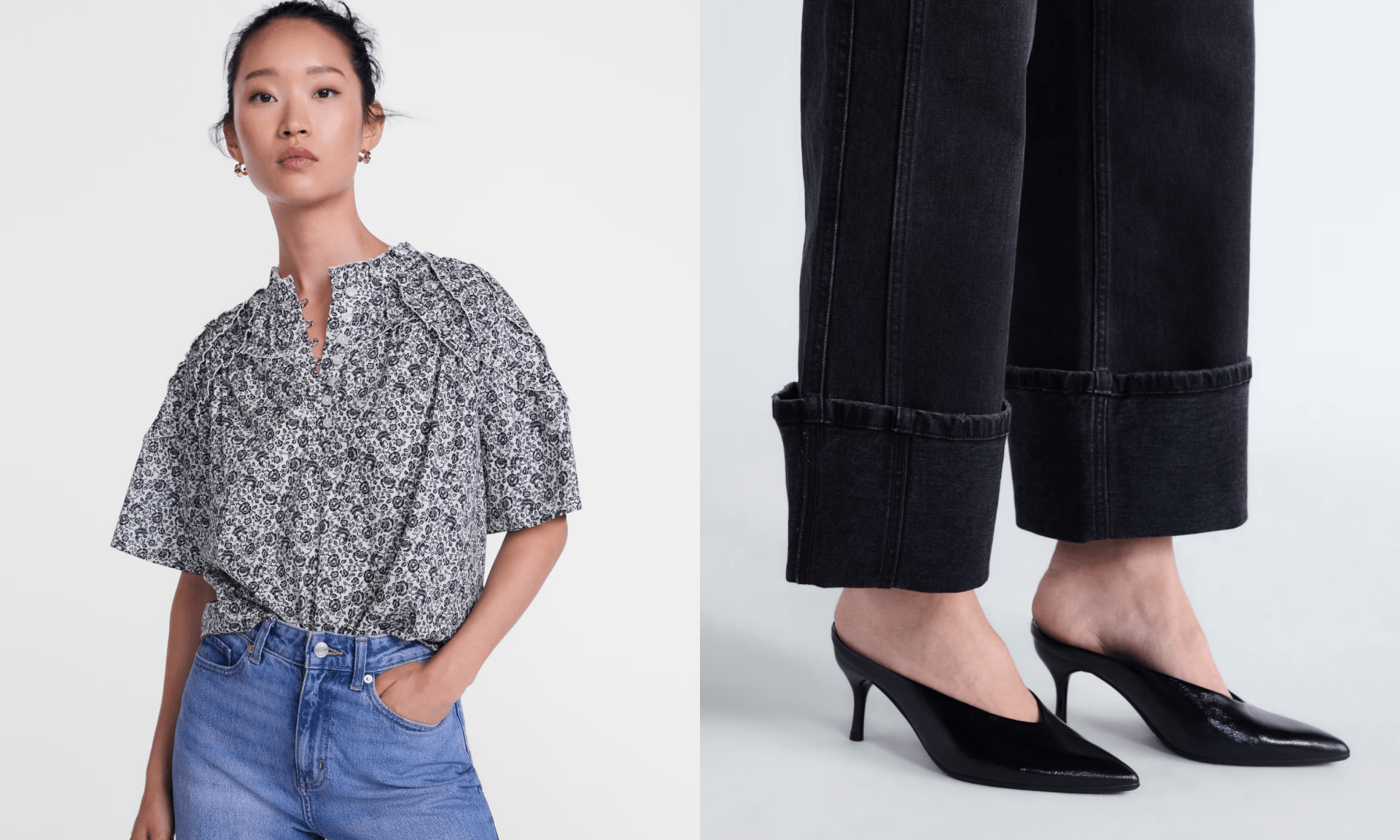blouse, heeled mules