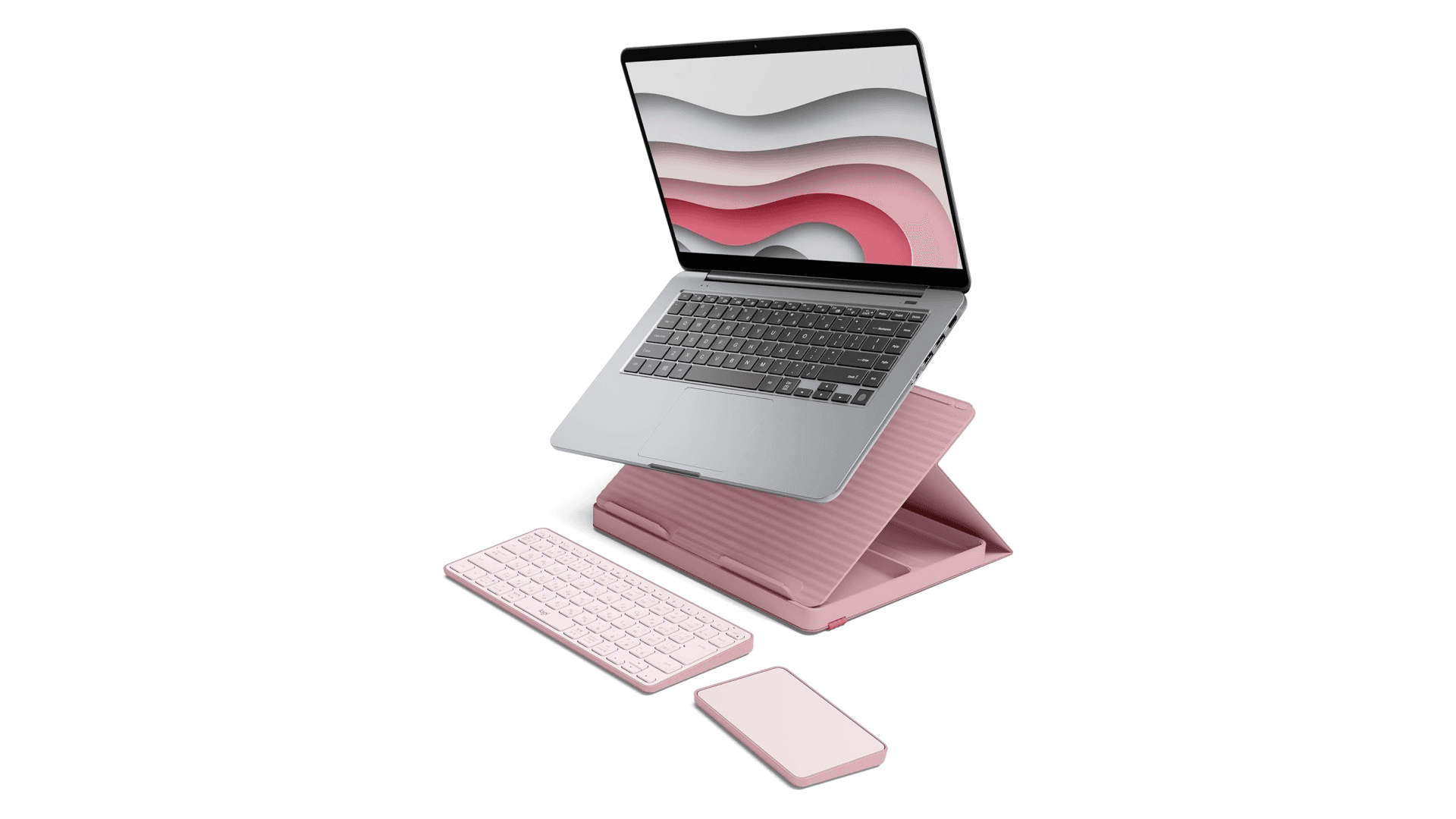 Logitech Casa Pop Up Desk Kit - Adjustable Laptop Stand for Desk, Wireless Keyboard & Touchpad, Bluetooth, USB C Charging, Bohemian Blush, Pink
