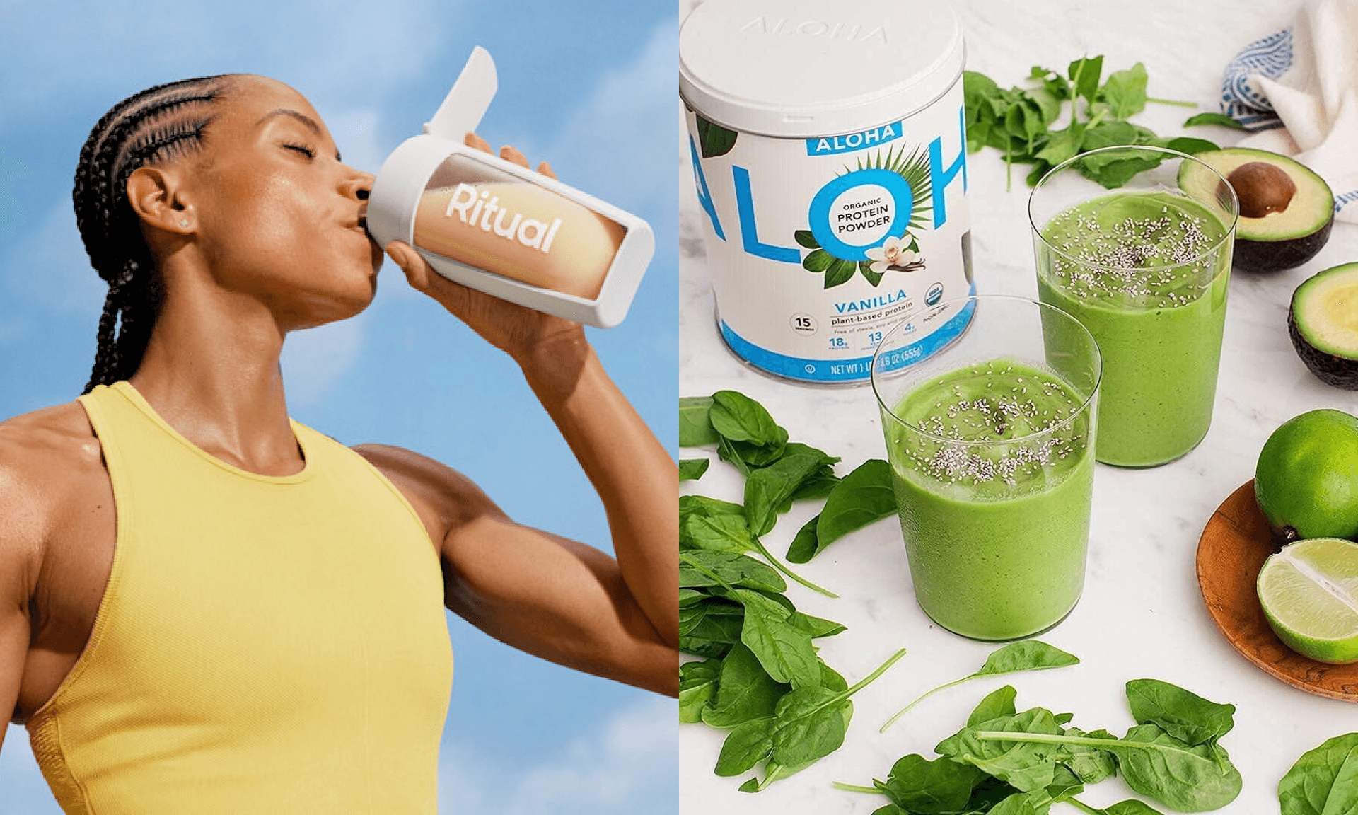 Woman drinking ritual shake, glasses of Aloha protein shakes