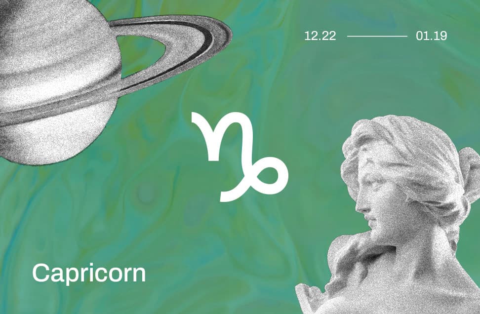 capricorn astrology symbol on green background with images of saturn and a grecian statue