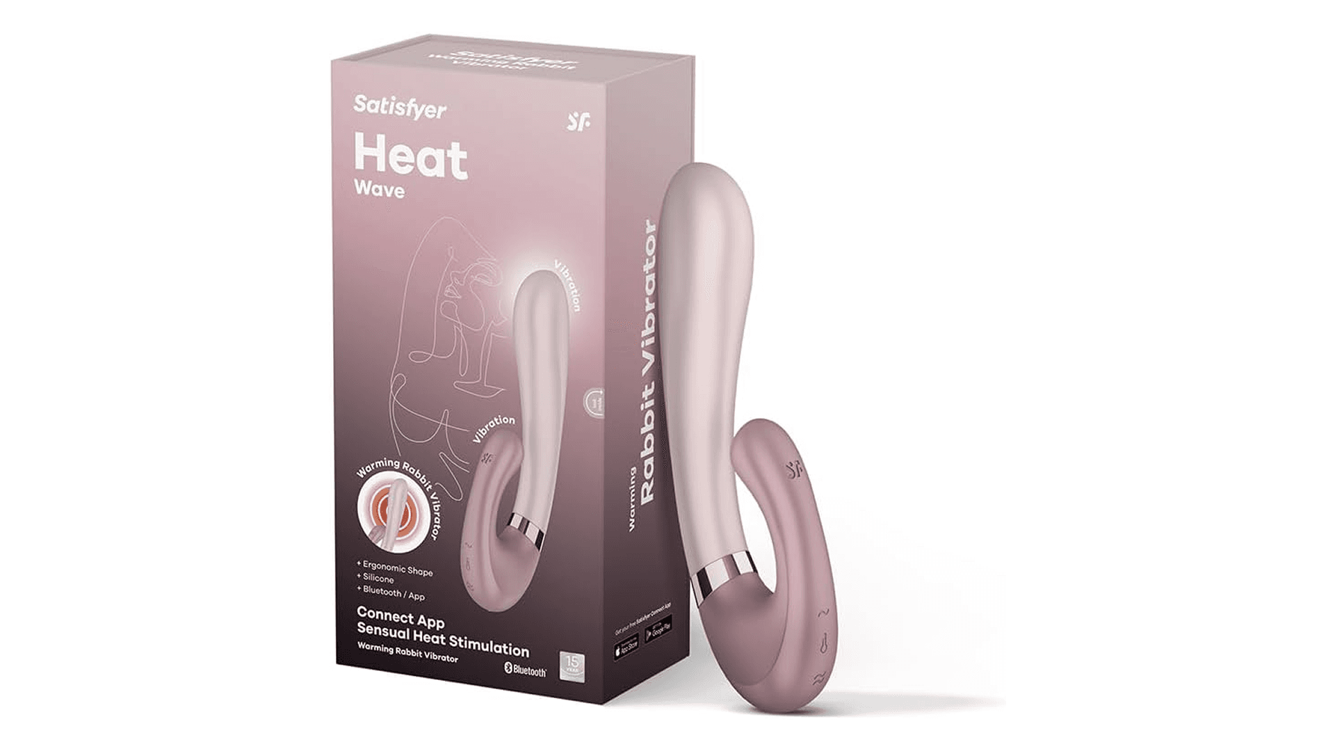 Light pink metallic curved vibrator leaning on product box