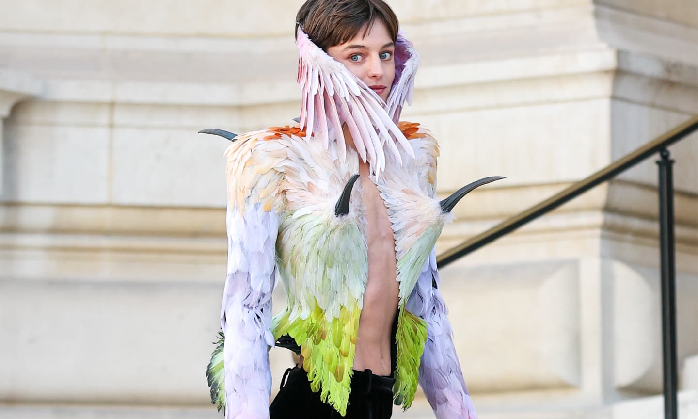 Emma Corrin at the Schiaparelli Haute Couture show in Paris
